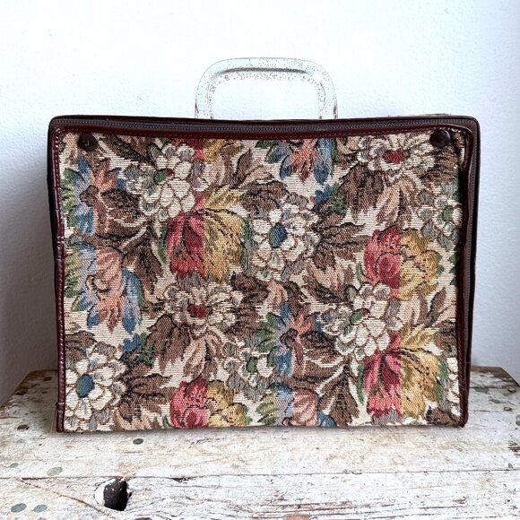 Vintage Floral Tapestry Collapsible Suitcase with Lucite Handle Zipper Closure